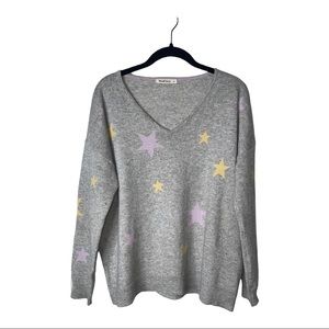 WOOL OVERS Gray Purple Yellow Star Print Merino Wool Cashmere V Neck Sweater M